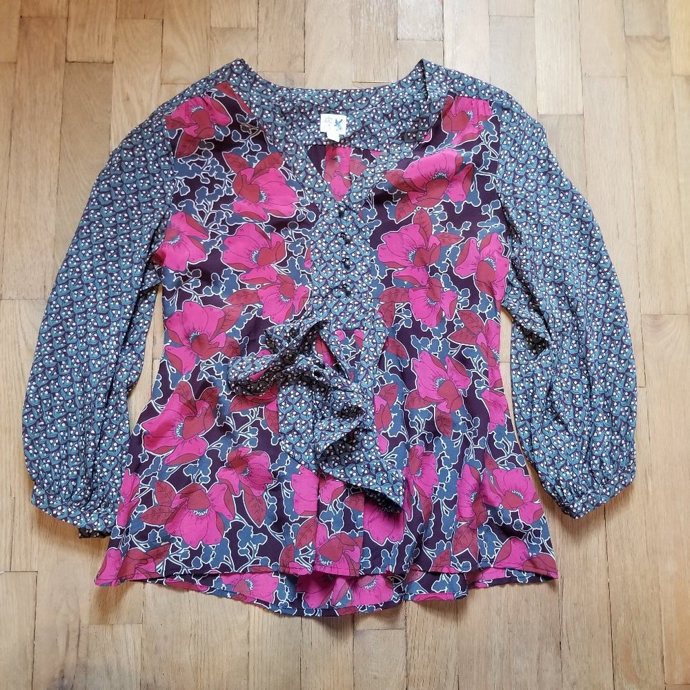 Anthropologie Edme & Esyllte Long Sleeve Floral 100% Silk Blouse Size 4